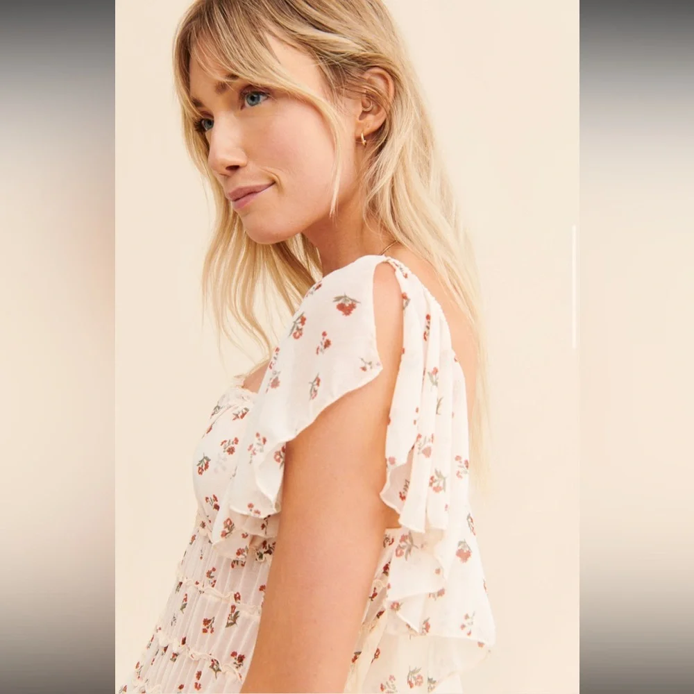Free People Cream Floral Smocked Square-Neck Bodysuit - Picture 3 of 12